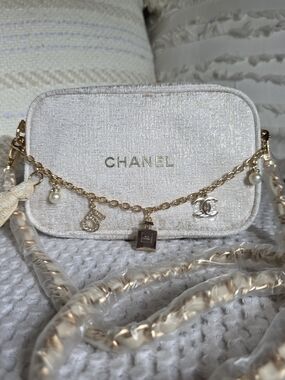 CHANEL Cream Sparkle Camera Bag with Gold Charm Chain